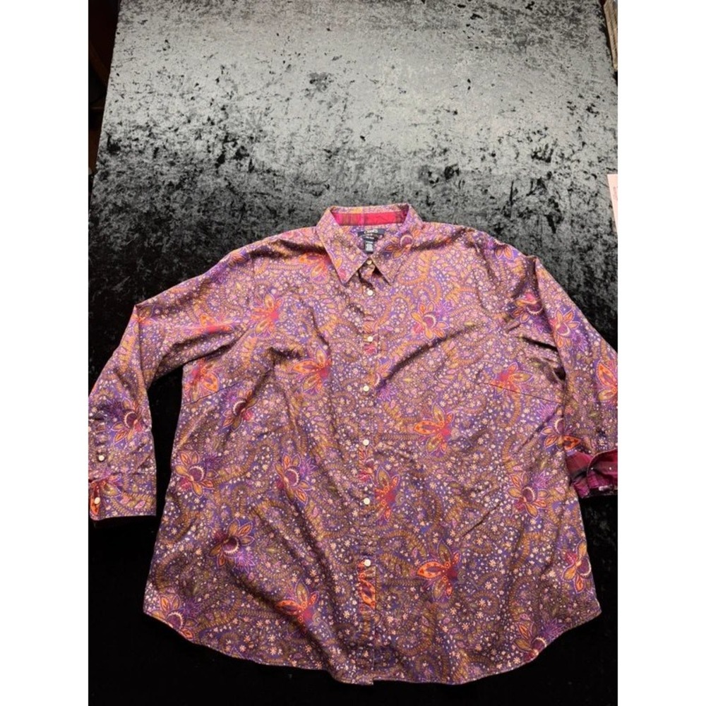 CHAPS Women's 3XL Purple Paisley Floral Button Down Shirt 100% Cotton No Iron